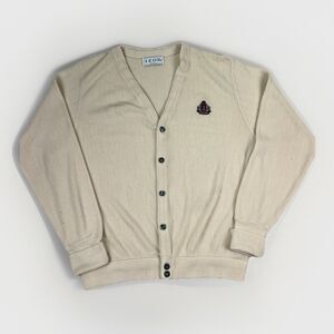 Vintage IZOD Cardigan Sweater L Made In USA Cream Knit‎ Crest Logo Preppy 80’s